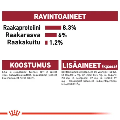 Ravintoaineet: raakaproteiini 8,3 %, raakarasva 6 %, raakakuitu 1,2 %. Koostumus: liha- ja eläinperäiset tuotteet, öljyt, viljat, kasvivalkuaiset. Lisäaineet: D3-vitamiini, rauta, jodi, kupari, mangaani, sinkki.