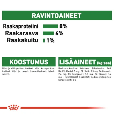 Ravintoaineet: raakaproteiini 8 %, raakarasva 6 %, raakakuitu 1 %. Koostumus: liha- ja eläinperäiset tuotteet, viljat, kasvipohjaiset tuotteet, öljyt, kivennäisaineet, hiivat, sokerit. Lisäaineet: D3-vitamiini 140 KY, rauta 5 mg, jodi 0,3 mg, kupari 2,4 mg, mangaani 1,6 mg, sinkki 16 mg, sedimenttiperäinen klinoptiloliitti 2 g.