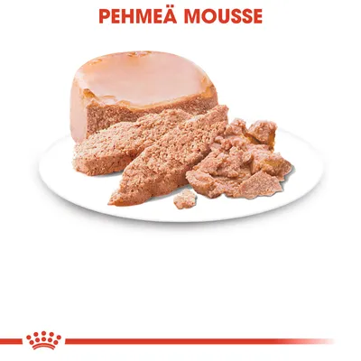 Pehmeä mousse -teksti, lautasella vaaleanruskeaa pehmeää mousse-ruokaa viipaleina ja murusina. Royal Canin -brändin tunnus alareunassa.