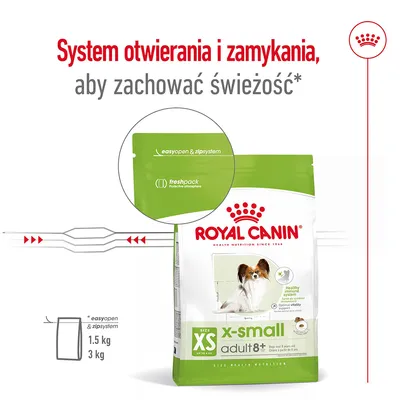 Royal Canin x-small adult 8+ z systemem easyopen & zipsystem, freshpack. System otwierania i zamykania dla świeżości. Dostępne opakowania: 1,5 kg, 3 kg.