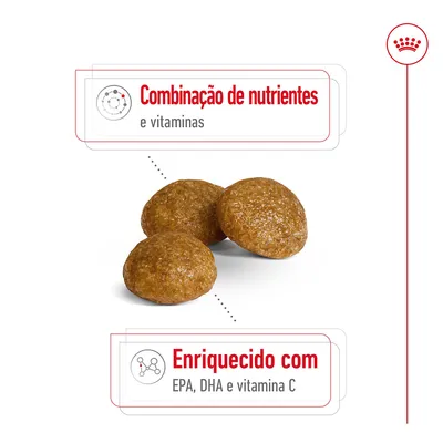 Ração em croquetes redondos. Texto visível: 'Combinação de nutrientes e vitaminas' e 'Enriquecido com EPA, DHA e vitamina C'. Ração em croquetes redondos. Texto visível: 'Combinação de nutrientes e vitaminas' e 'Enriquecido com EPA, DHA e vitamina C'.