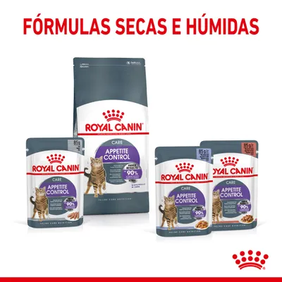 Royal Canin Care Appetite Control para gatos, fórmulas secas e húmidas visíveis em embalagens de 85 g e saco grande. Texto: FÓRMULAS SECAS E HÚMIDAS.