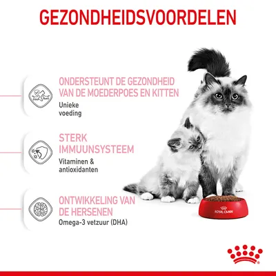 Gezondheidsvoordelen: ondersteunt de gezondheid van de moederpoes en kitten, sterk immuunsysteem met vitaminen & antioxidanten, ontwikkeling van de hersenen met omega-3 vetzuur (DHA).