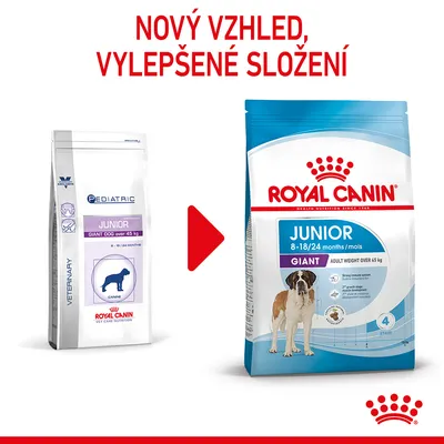 Porovnání starého a nového balení krmiva Royal Canin Junior Giant Dog over 45 kg s textem: Nový vzhled, vylepšené složení.
