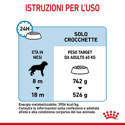 Istruzioni per l’uso: solo crocchette, età in mesi 8 m–18 m, peso target da adulto 60 kg, quantità giornaliera da 742 g a 526 g. Energia metabolizzabile: 3906 kcal/kg.