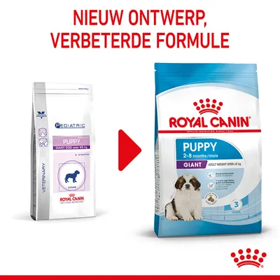 Royal Canin Puppy Giant Dog over 45 kg: oud ontwerp links, nieuw ontwerp rechts met tekst 'Nieuw ontwerp, verbeterde formule'. Beide verpakkingen tonen merknaam en productinformatie.