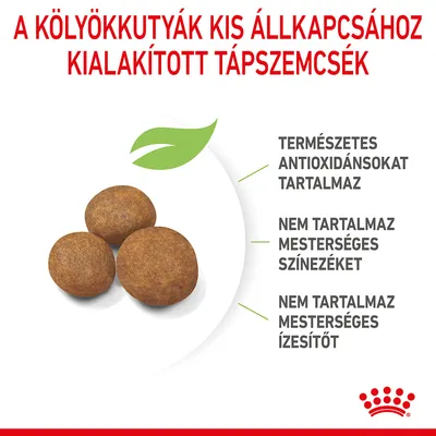 A kölyökkutyák kis állkapcsához kialakított tápszemcsék. Természetes antioxidánsokat tartalmaz, nem tartalmaz mesterséges színezéket és ízesítőt.
