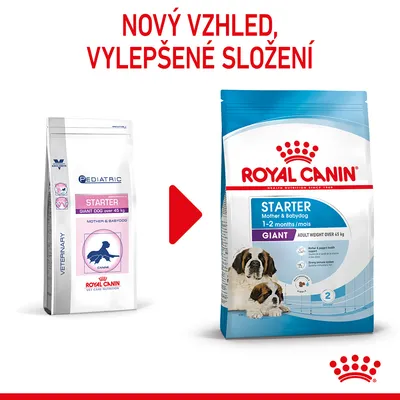 Porovnání starého a nového balení krmiva Royal Canin Starter Giant Dog over 45 kg, nápis: Nový vzhled, vylepšené složení.