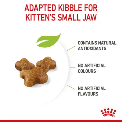 Adapted kibble for kitten's small jaw. Contains natural antioxidants, no artificial colours, no artificial flavours. Text på engelska.