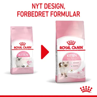 Royal Canin Kitten kattefoder, nyt design og forbedret formular. To poser vises: tidligere emballage 'Second Age Kitten' og ny emballage 'Kitten up to 12 months'.