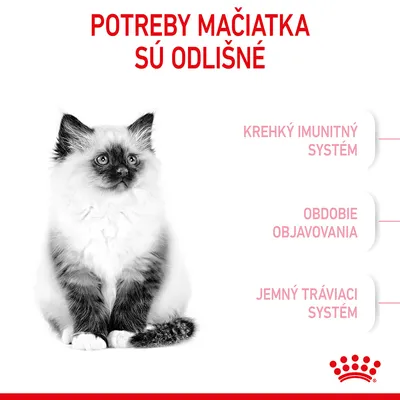 Potreby mačiatka sú odlišné: krehký imunitný systém, obdobie objavovania, jemný tráviaci systém. Značka Royal Canin.