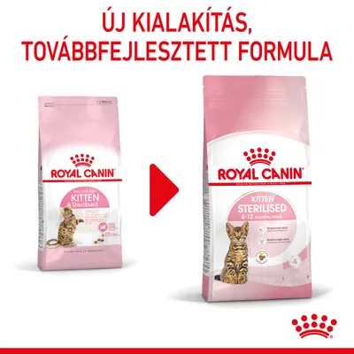ROYAL CANIN Kitten Sterilised 6–12 months macskaeledel új csomagolásban, továbbfejlesztett formula. Két zacskó látható, középen piros nyíl a változás jelzésére.