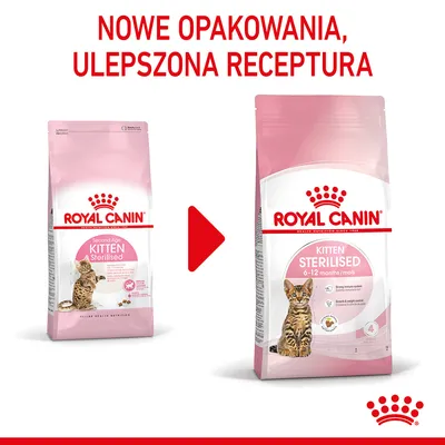 Nowe opakowanie i ulepszona receptura karmy Royal Canin Kitten Sterilised 6–12 months. Porównanie starego i nowego opakowania produktu dla kotów.