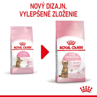 ROYAL CANIN KITTEN STERILISED – nový dizajn obalu, vylepšené zloženie. Balenia s mačiatkom a textom: 6–12 months/mois.