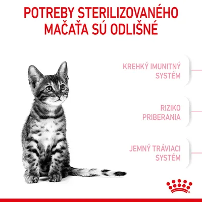 Potreby sterilizovaného mačaťa sú odlišné: krehký imunitný systém, riziko priberania, jemný tráviaci systém. Royal Canin.