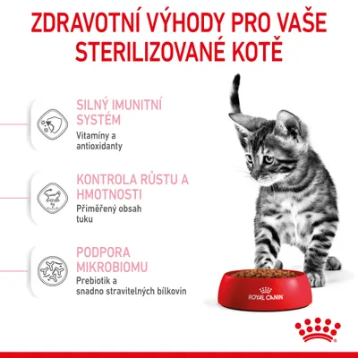 Zdravotní výhody pro sterilizované kotě: silný imunitní systém, kontrola růstu a hmotnosti, podpora mikrobiomu. Royal Canin miska s krmivem a kotě.