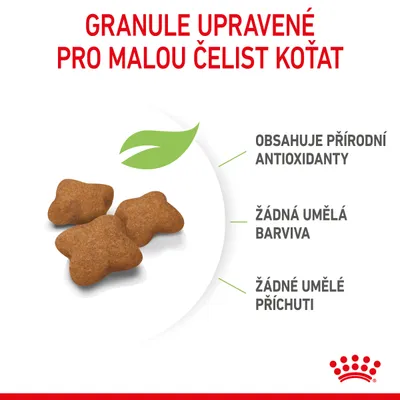 Granule upravené pro malou čelist koťat. Obsahuje přírodní antioxidanty, žádná umělá barviva, žádné umělé příchuti. Tři granule na obrázku.