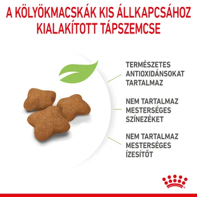 A kölyökmacskák kis állkapcsához kialakított tápszemcse. Természetes antioxidánsokat tartalmaz, nem tartalmaz mesterséges színezéket és ízesítőt.