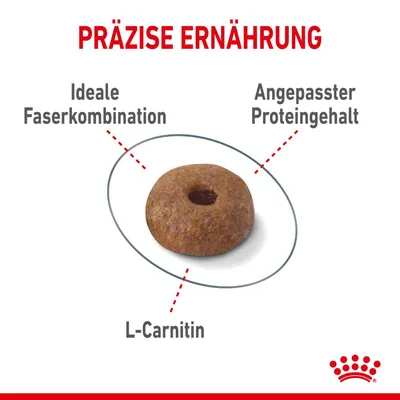 PRÄZISE ERNÄHRUNG, Ideale Faserkombination, Angepasster Proteingehalt, L-Carnitin. Tekst na njemačkom jeziku uz sliku okrugle granule hrane.