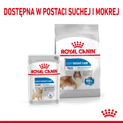 Royal Canin Light Weight Care dla psów, opakowanie suchej i mokrej karmy. Napis: Dostępna w postaci suchej i mokrej.