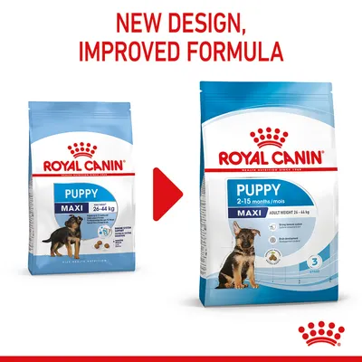 Royal Canin Puppy Maxi 26–44 kg, venstre: tidligere emballage, højre: ny emballage med tekst 'Puppy 2–15 months/mois', 'MAXI', 'Adult weight 26–44 kg'. Tekst øverst: New design, improved formula.