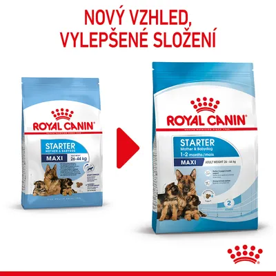 Porovnání starého a nového balení Royal Canin Starter Mother & Babydog Maxi 26–44 kg, nápis: Nový vzhled, vylepšené složení.