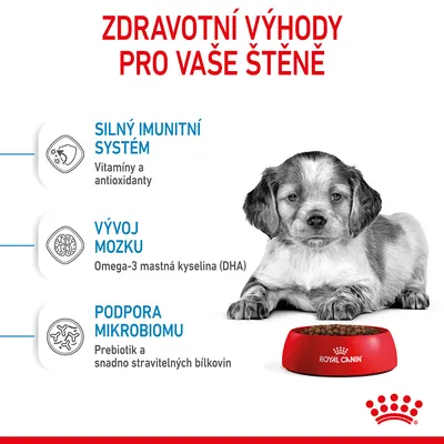 Zdravotní výhody pro vaše štěně: silný imunitní systém, vývoj mozku, podpora mikrobiomu. Royal Canin miska s granulemi. Text: vitamíny, antioxidanty, omega-3 mastná kyselina (DHA), prebiotika.