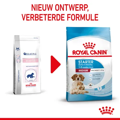 Royal Canin Starter Mother & Babydog Medium, nieuw ontwerp en verbeterde formule. Verpakking toont honden en tekst: 1–2 maanden, volwassen gewicht 11–25 kg.