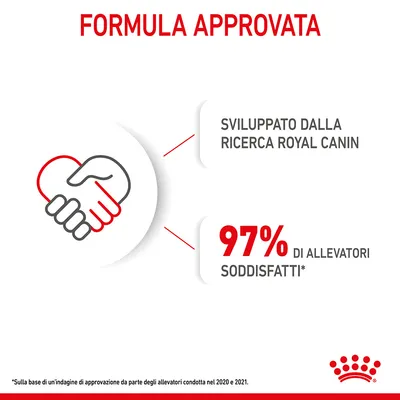 Formula approvata. Sviluppato dalla ricerca Royal Canin. 97% di allevatori soddisfatti. Nota: indagine di approvazione allevatori 2020-2021.