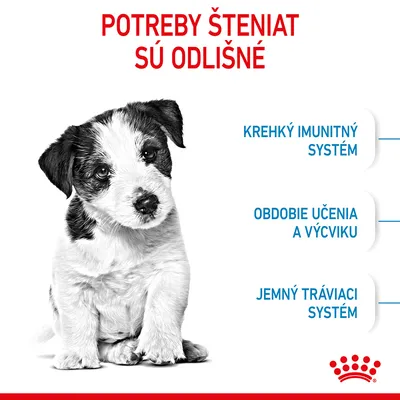 Text: Potreby šteniat sú odlišné. Krehký imunitný systém, obdobie učenia a výcviku, jemný tráviaci systém. Obrázok šteniatka. Značka Royal Canin.