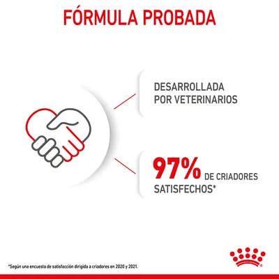 FÓRMULA PROBADA. Desarrollada por veterinarios. 97% de criadores satisfechos. Según una encuesta de satisfacción dirigida a criadores en 2020 y 2021.