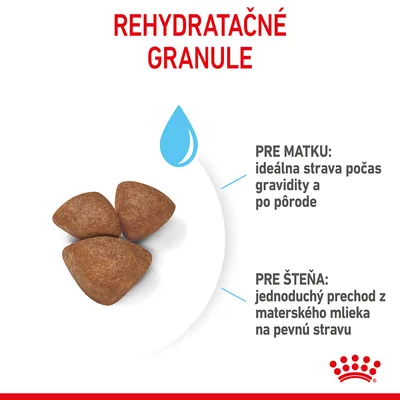 Rehydratačné granule. Pre matku: ideálna strava počas gravidity a po pôrode. Pre šteňa: jednoduchý prechod z materského mlieka na pevnú stravu.