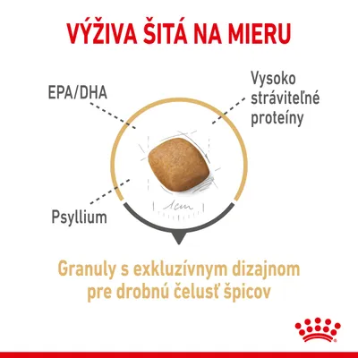 Výživa šitá na mieru. EPA/DHA, psyllium, vysoko stráviteľné proteíny. Granuly s exkluzívnym dizajnom pre drobnú čeľusť špicov. Zobrazená granula s priemerom 1 cm.
