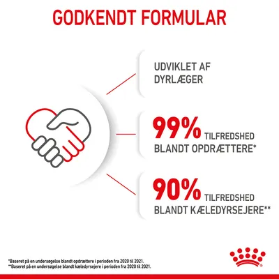Godkendt formular. Udviklet af dyrlæger. 99 % tilfredshed blandt opdrættere, 90 % tilfredshed blandt kæledyrsejere. Baseret på undersøgelser fra 2020 til 2021.