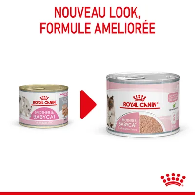 Comparaison de deux boîtes Royal Canin Mother & Babycat, ancien et nouveau design. Texte visible : Nouveau look, formule améliorée.