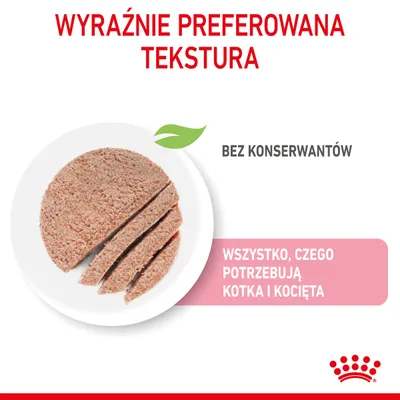 Wyraźnie preferowana tekstura, bez konserwantów. Wszystko, czego potrzebują kotka i kocięta. Na zdjęciu plaster karmy na białym talerzu.