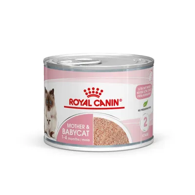 Boîte de pâtée Royal Canin Mother & Babycat 1–4 months/mois, mousse ultra tendre, sans conservateurs, étape 2. Photo d’un chat et d’un chaton sur l’emballage.