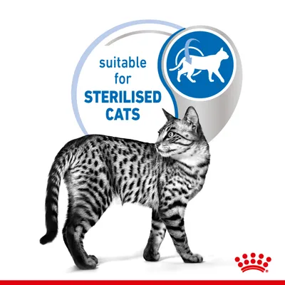 Text i bilden: suitable for STERILISED CATS. Bild på katt med svartprickig päls och blå symbol av katt. Texten är på engelska.