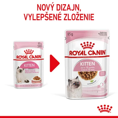 ROYAL CANIN Kitten 85 g – porovnanie starého a nového balenia s textom: Nový dizajn, vylepšené zloženie. Viditeľná mačka a krmivo na oboch obaloch.