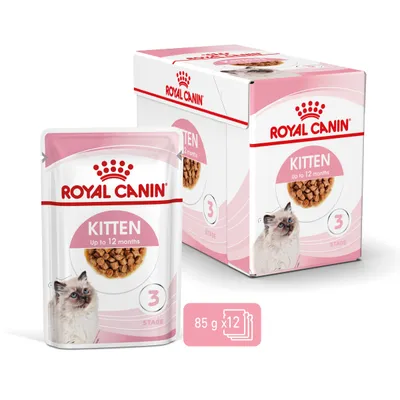 Royal Canin Kitten Up to 12 months, lot de 12 sachets de 85 g, image du produit et de l’emballage avec croquettes visibles et chaton illustré. Marquage Stage 3.