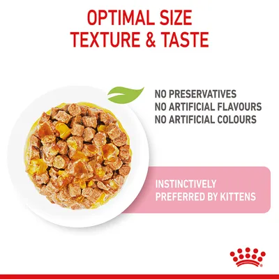 Product features: optimal size, texture and taste; no preservatives, artificial flavours or colours; instinctively preferred by kittens. Image shows a bowl of food chunks in gravy.