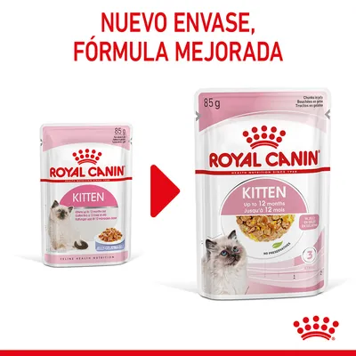 Royal Canin Kitten, 85 g. Nuevo envase y fórmula mejorada para gatitos hasta 12 meses. Texto visible: 'No preservatives', 'In jelly'. Imagen de un gato en ambos paquetes.