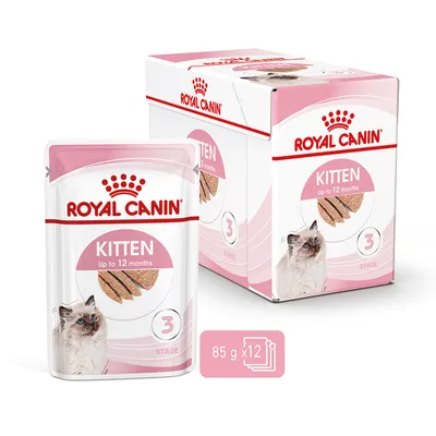 Kitten food for up to 12 months, stage 3, pack of 12 x 85g pouches shown on packaging.