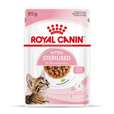 Royal Canin Kitten Sterilised 6–12 months, 85 g. Chunks in gravy. No preservatives. Billede af killing og foderstykker i sovs. Tekst på engelsk og fransk.
