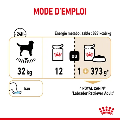 Mode d’emploi : pour un chien de 32 kg, donner 12 portions ou 1 portion + 373 g. Eau à disposition. Énergie métabolisable : 827 kcal/kg. ROYAL CANIN Labrador Retriever Adult.