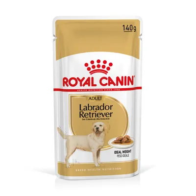 Royal Canin Adult Labrador Retriever våtfoder, 140 g. Text: Ideal Weight, över 15 månader. Bild på labrador och foderbitar på förpackningen.