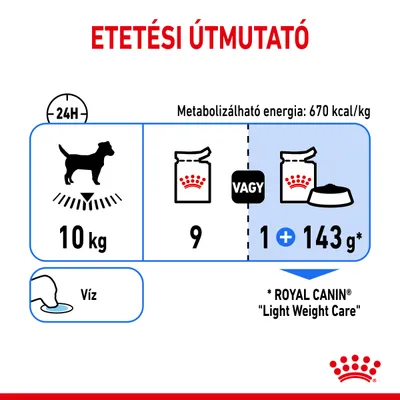 Etetési útmutató 10 kg-os kutyának: napi 9 tasak vagy 1 tasak + 143 g száraztáp. Metabolizálható energia: 670 kcal/kg. Víz biztosítása szükséges. ROYAL CANIN Light Weight Care.