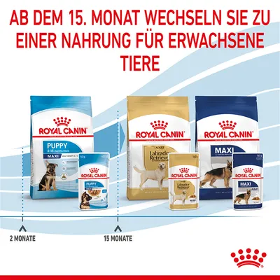 Royal Canin Fütterungsempfehlung: Wechsel von Puppy-Nahrung zu Adult-Nahrung ab dem 15. Monat. Produkte für Welpen und erwachsene Hunde sichtbar.