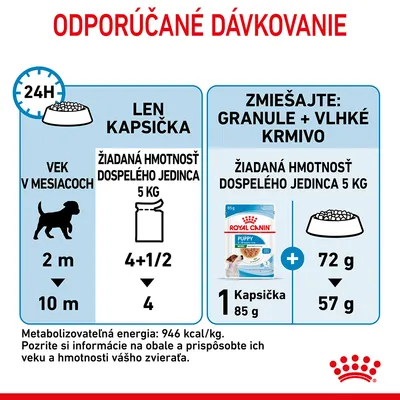 Odporúčané dávkovanie Royal Canin Puppy: len kapsička pre psa 2 mesiace 4+1/2, 10 mesiacov 4; zmiešané krmivo 1 kapsička 85 g + granule 72 g alebo 57 g. Metabolizovateľná energia 946 kcal/kg.