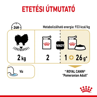 Etetési útmutató: 2 kg-os kutyának napi 2 tasak vagy 1 tasak + 26 g száraztáp. Metabolizálható energia: 933 kcal/kg. Víz biztosítása szükséges. ROYAL CANIN Pomeranian Adult.